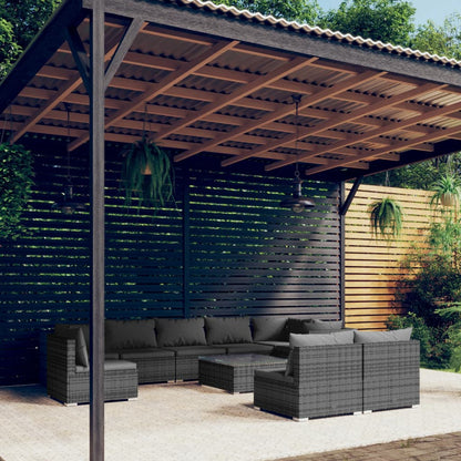 Set Divani da Giardino 10 pz con Cuscini in Polyrattan Grigio