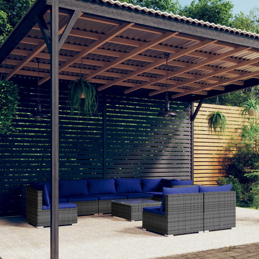 Set Divani da Giardino 10 pz con Cuscini in Polyrattan Grigio