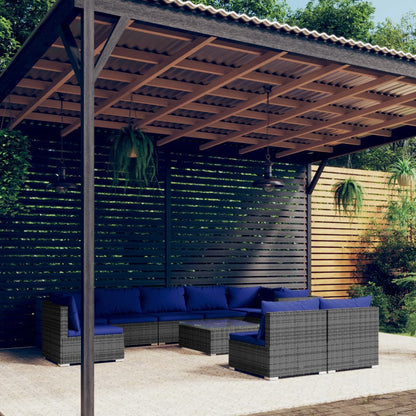 Set Divani da Giardino 10 pz con Cuscini in Polyrattan Grigio