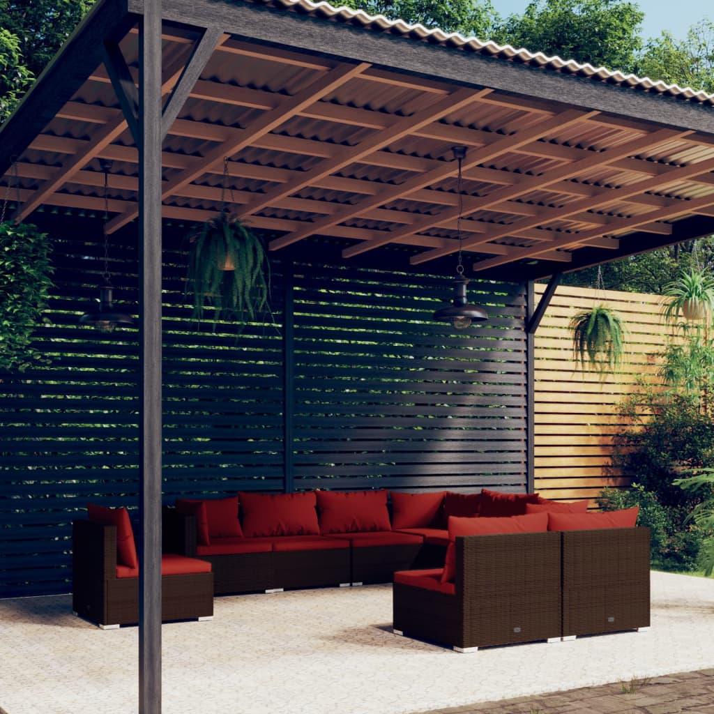 Set Divani da Giardino 9 pz con Cuscini in Polyrattan Marrone