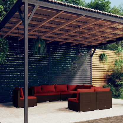 Set Divani da Giardino 9 pz con Cuscini in Polyrattan Marrone