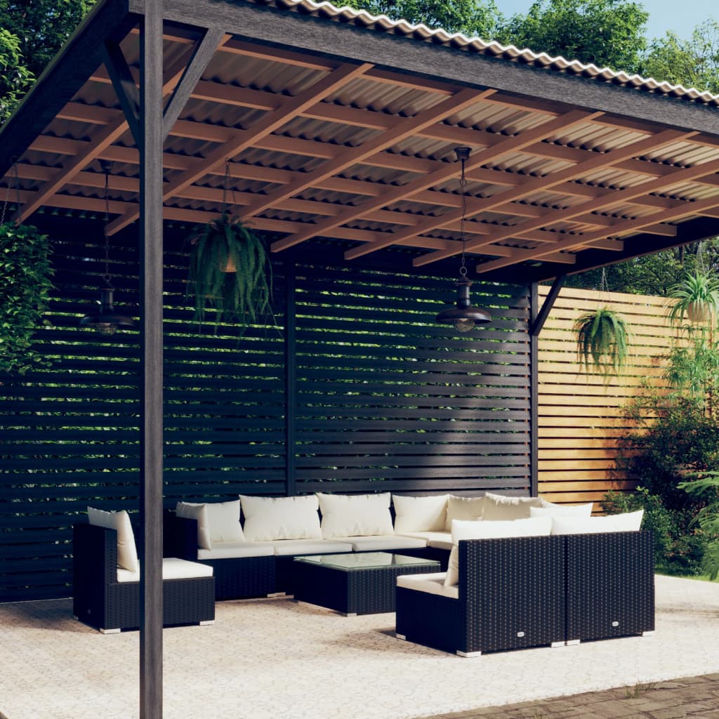 Set Divani da Giardino 10 pz con Cuscini in Polyrattan Nero