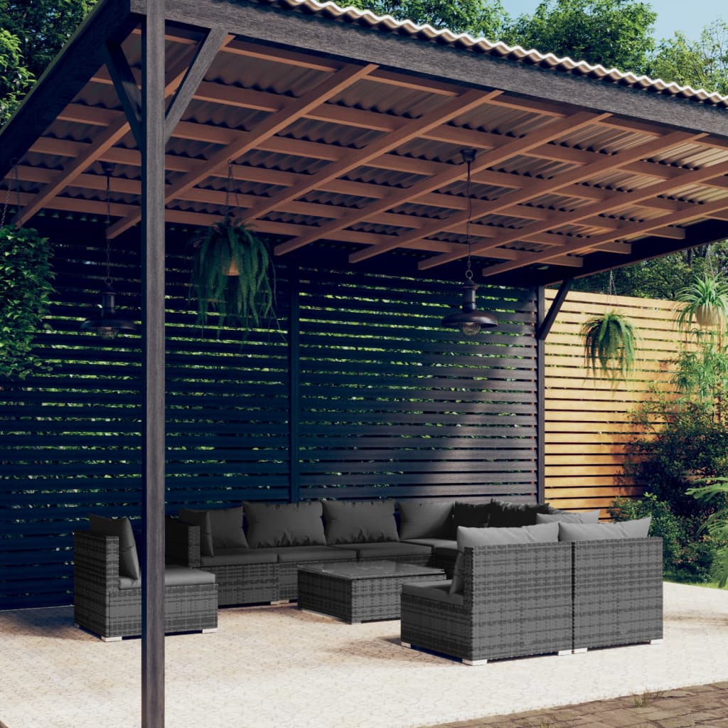 Set Divani da Giardino 10 pz con Cuscini in Polyrattan Grigio