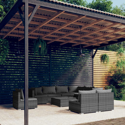 Set Divani da Giardino 10 pz con Cuscini in Polyrattan Grigio