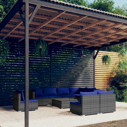 Set Divani da Giardino 10 pz con Cuscini in Polyrattan Grigio