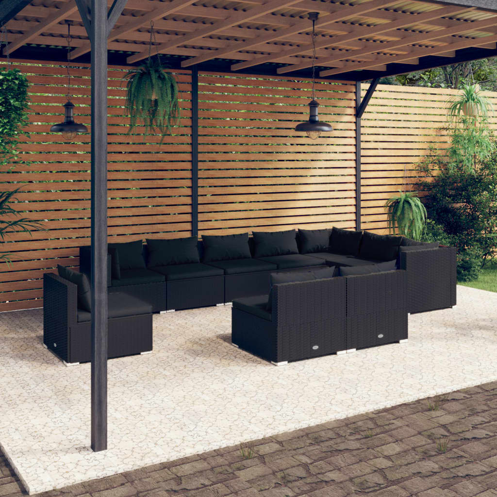 Set Divani da Giardino 10 pz con Cuscini in Polyrattan Nero