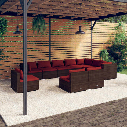 Set Divani da Giardino 10 pz con Cuscini in Polyrattan Marrone