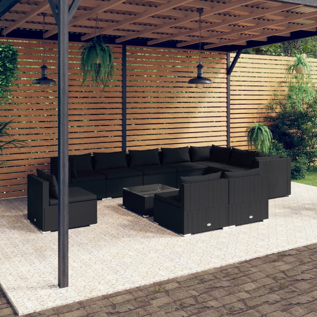Set Divani da Giardino 11 pz con Cuscini in Polyrattan Nero