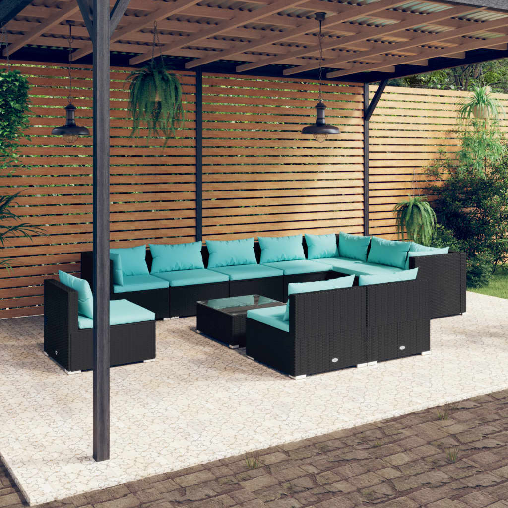 Set Divani da Giardino 11 pz con Cuscini in Polyrattan Nero