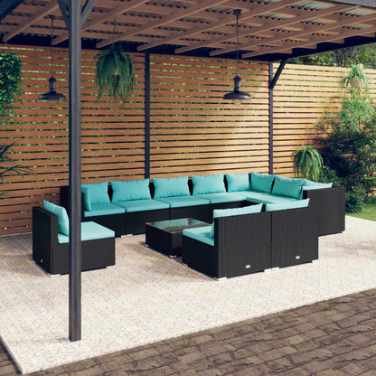 Set Divani da Giardino 11 pz con Cuscini in Polyrattan Nero