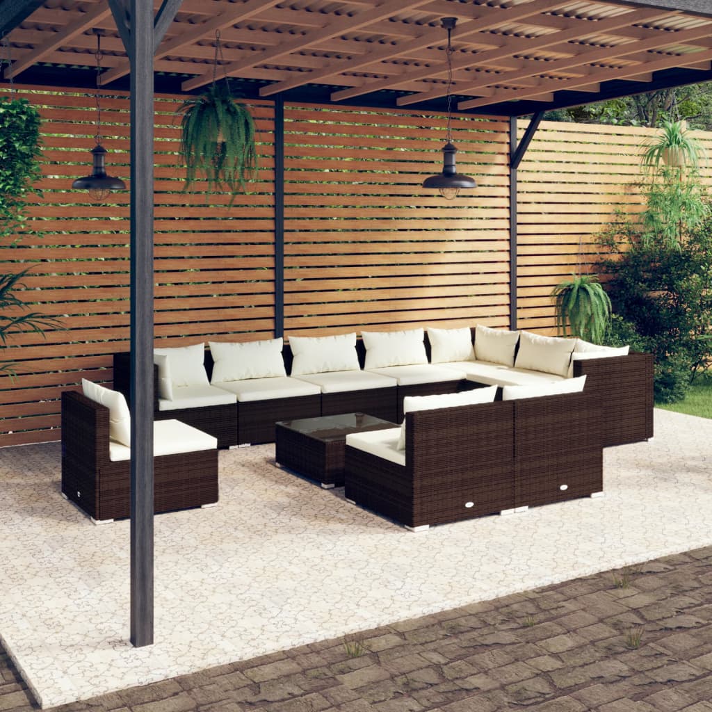 Set Divani da Giardino 11 pz con Cuscini in Polyrattan Marrone
