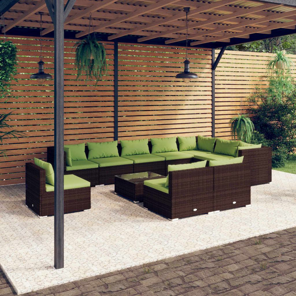 Set Divani da Giardino 11 pz con Cuscini in Polyrattan Marrone