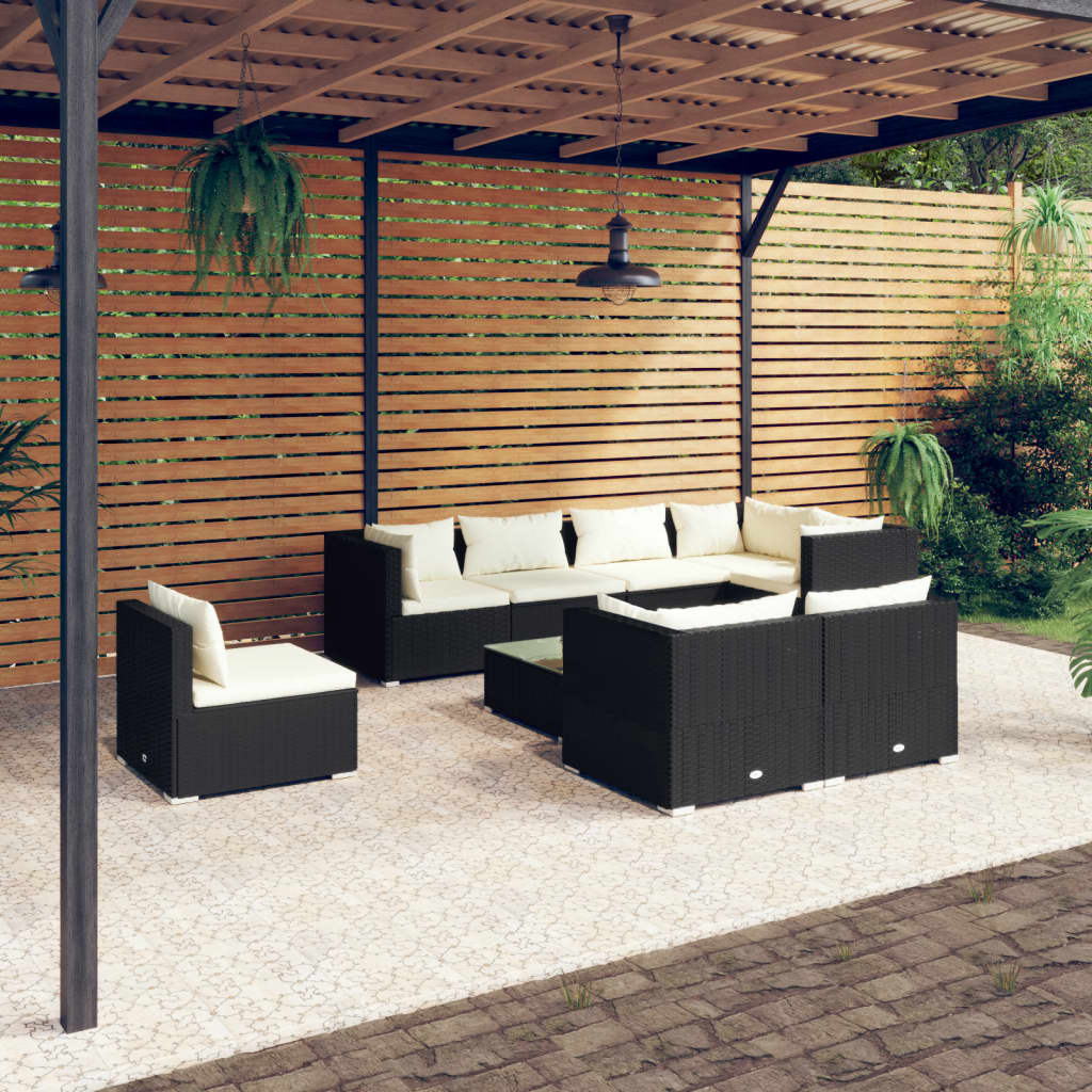 Set Divani da Giardino 9 pz con Cuscini in Polyrattan Nero