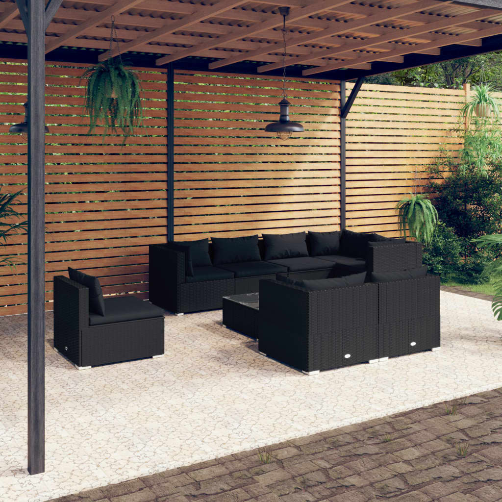 Set Divani da Giardino 9 pz con Cuscini in Polyrattan Nero