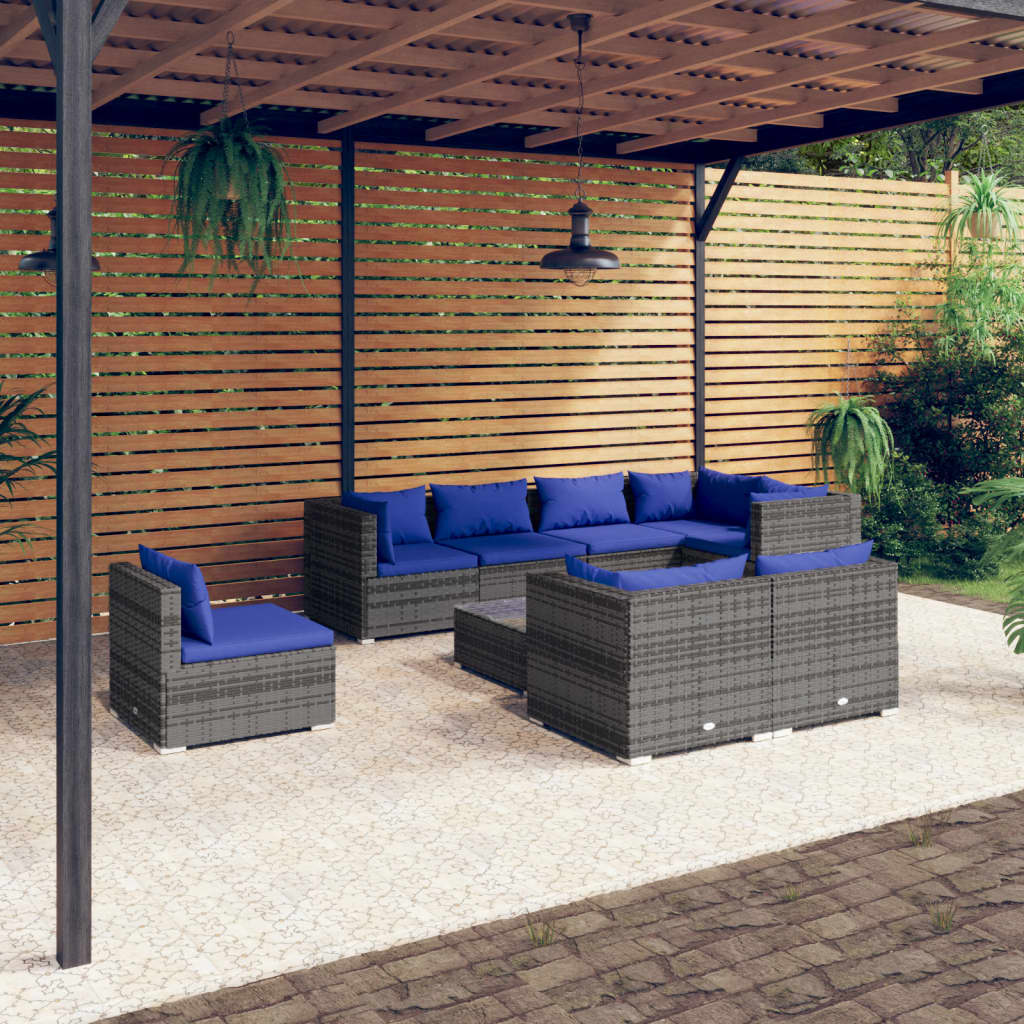 Set Divani da Giardino 9 pz con Cuscini in Polyrattan Grigio