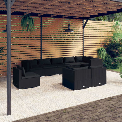 Set Divani da Giardino 9 pz con Cuscini in Polyrattan Nero