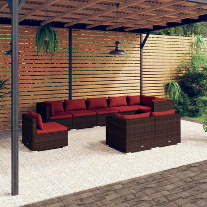Set Divani da Giardino 9 pz con Cuscini in Polyrattan Marrone