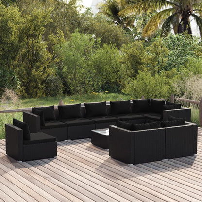 Set Divani da Giardino 10 pz con Cuscini in Polyrattan Nero