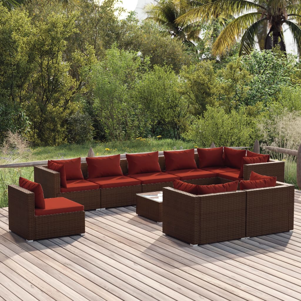 Set Divani da Giardino 10 pz con Cuscini in Polyrattan Marrone