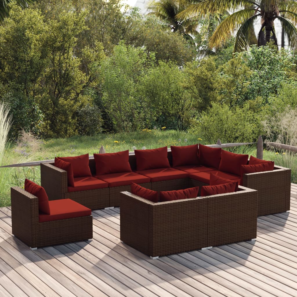 Set Divani da Giardino 9 pz con Cuscini in Polyrattan Marrone