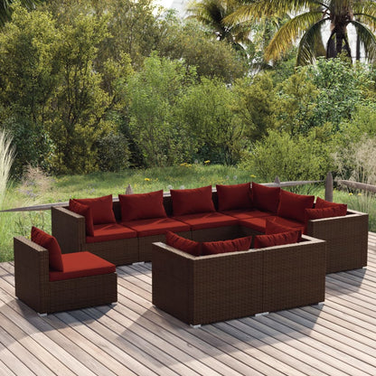 Set Divani da Giardino 9 pz con Cuscini in Polyrattan Marrone