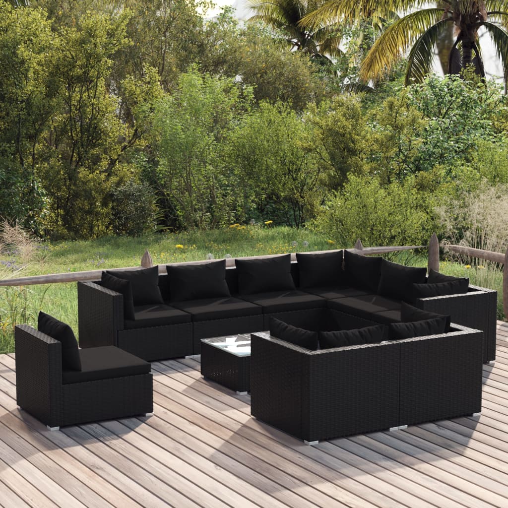 Set Divani da Giardino 10 pz con Cuscini in Polyrattan Nero