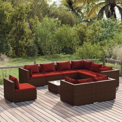 Set Divani da Giardino 10 pz con Cuscini in Polyrattan Marrone