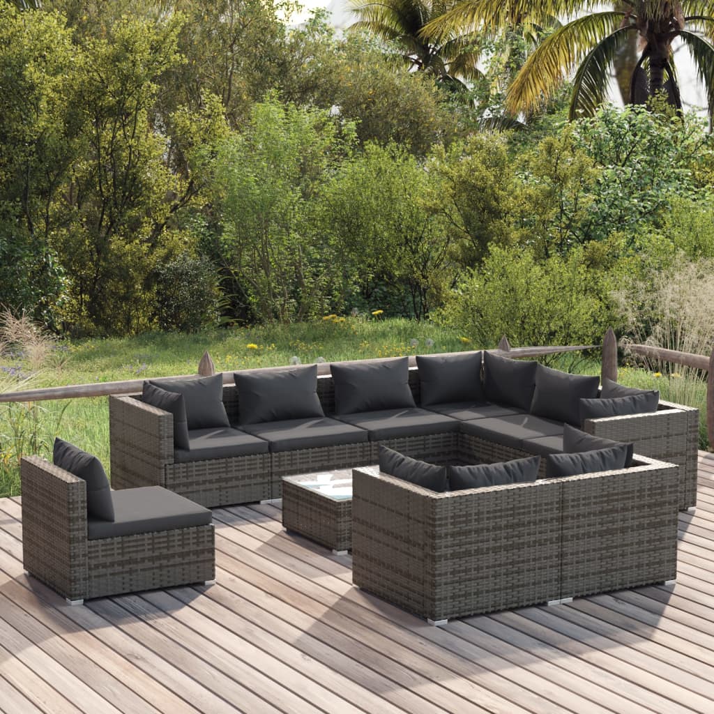 Set Divani da Giardino 10 pz con Cuscini in Polyrattan Grigio