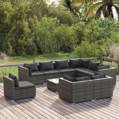 Set Divani da Giardino 10 pz con Cuscini in Polyrattan Grigio