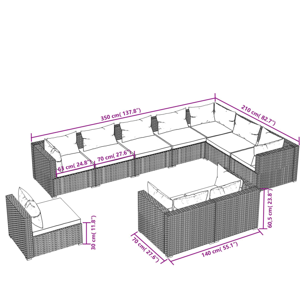 Set Mobili da Giardino 10 pz con Cuscini in Polyrattan Nero