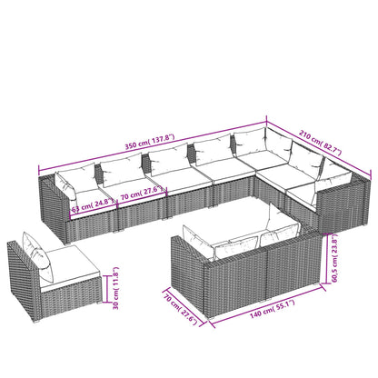 Set Mobili da Giardino 10 pz con Cuscini in Polyrattan Nero