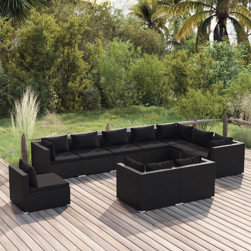 Set Divani da Giardino 10 pz con Cuscini in Polyrattan Nero