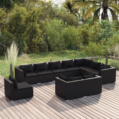 Set Divani da Giardino 10 pz con Cuscini in Polyrattan Nero
