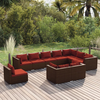 Set Divani da Giardino 10 pz con Cuscini in Polyrattan Marrone