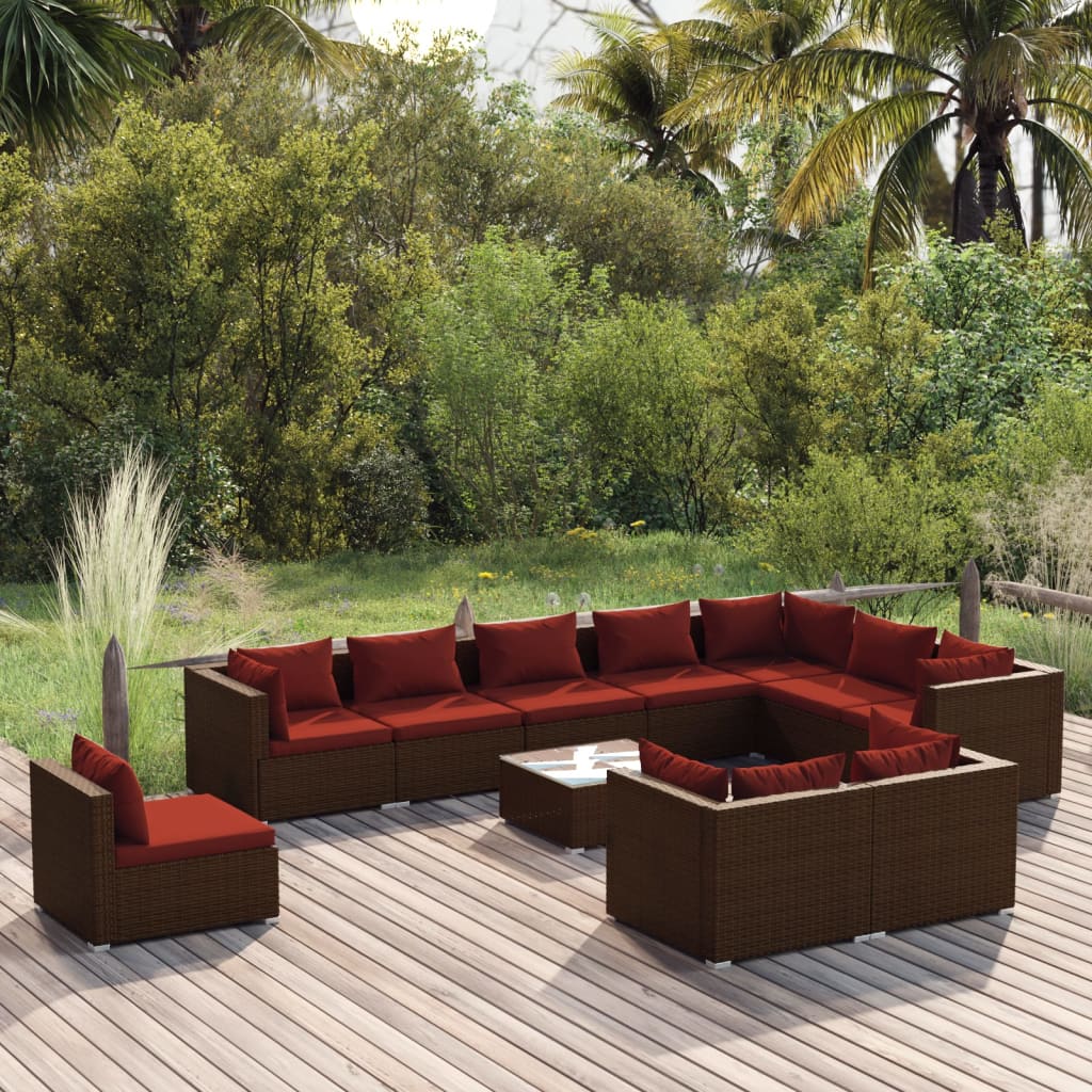 Set Divani da Giardino 11 pz con Cuscini in Polyrattan Marrone