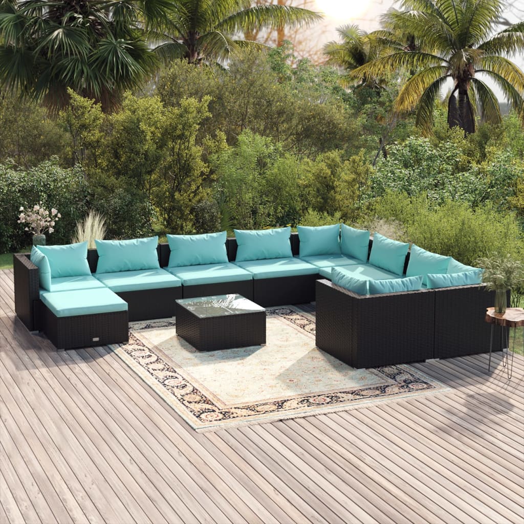 Set Divani da Giardino 11 pz con Cuscini in Polyrattan Nero