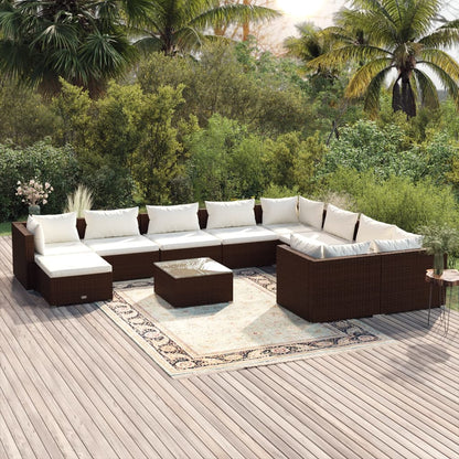 Set Mobili da Giardino 11 pz con Cuscini in Polyrattan Marrone