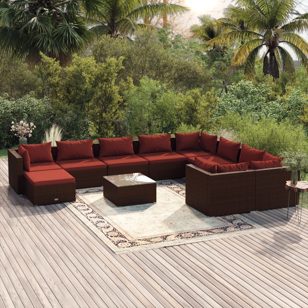 Set Divani da Giardino 11 pz con Cuscini in Polyrattan Marrone