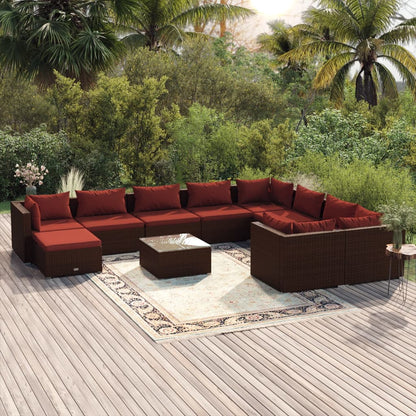 Set Divani da Giardino 11 pz con Cuscini in Polyrattan Marrone