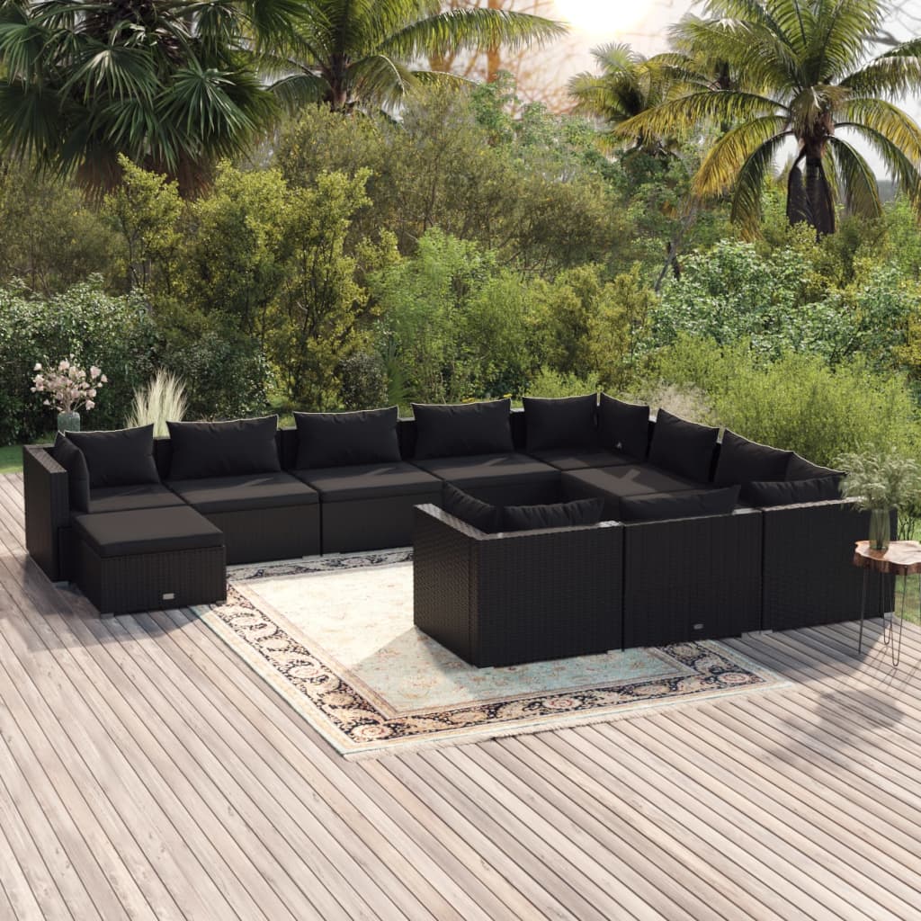 Set Divani da Giardino 11 pz con Cuscini in Polyrattan Nero