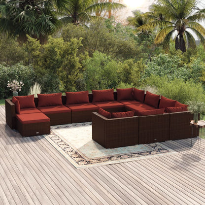 Set Divani da Giardino 11 pz con Cuscini in Polyrattan Marrone