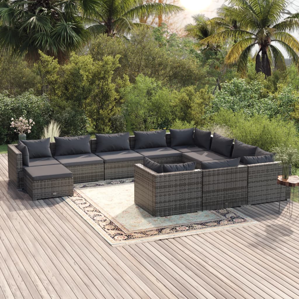 Set Divani da Giardino 11 pz con Cuscini in Polyrattan Grigio