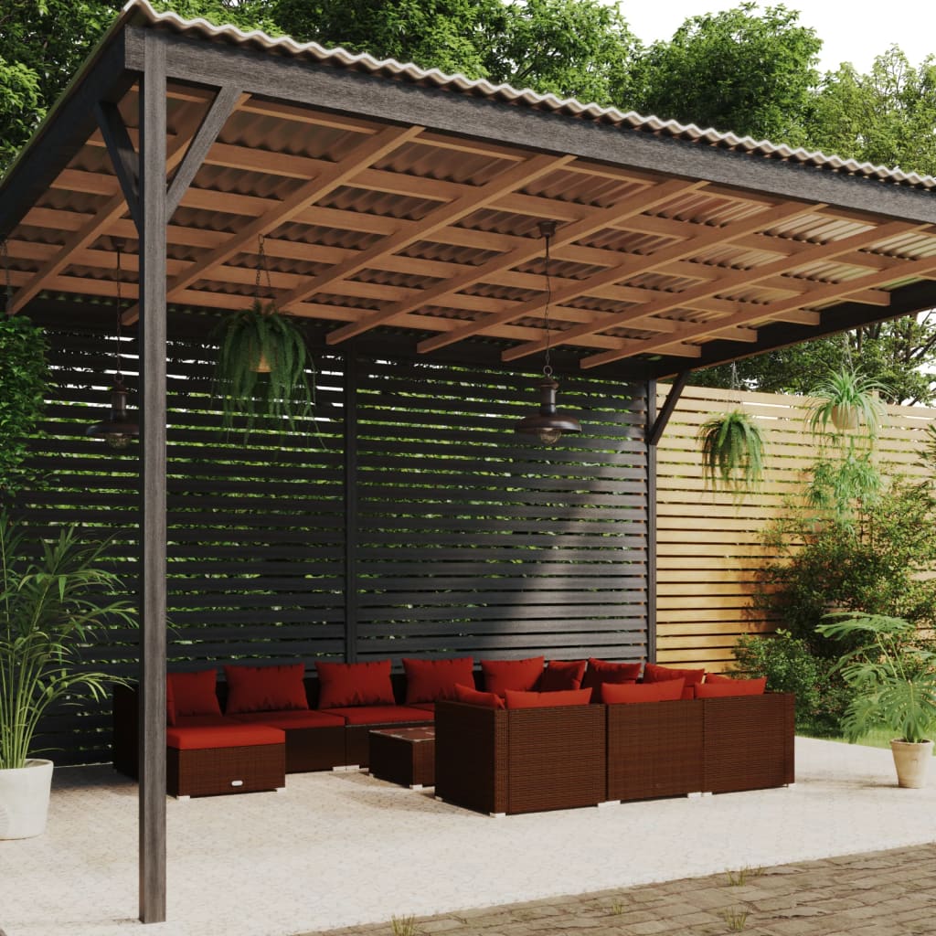 Set Divani da Giardino 12 pz con Cuscini in Polyrattan Marrone