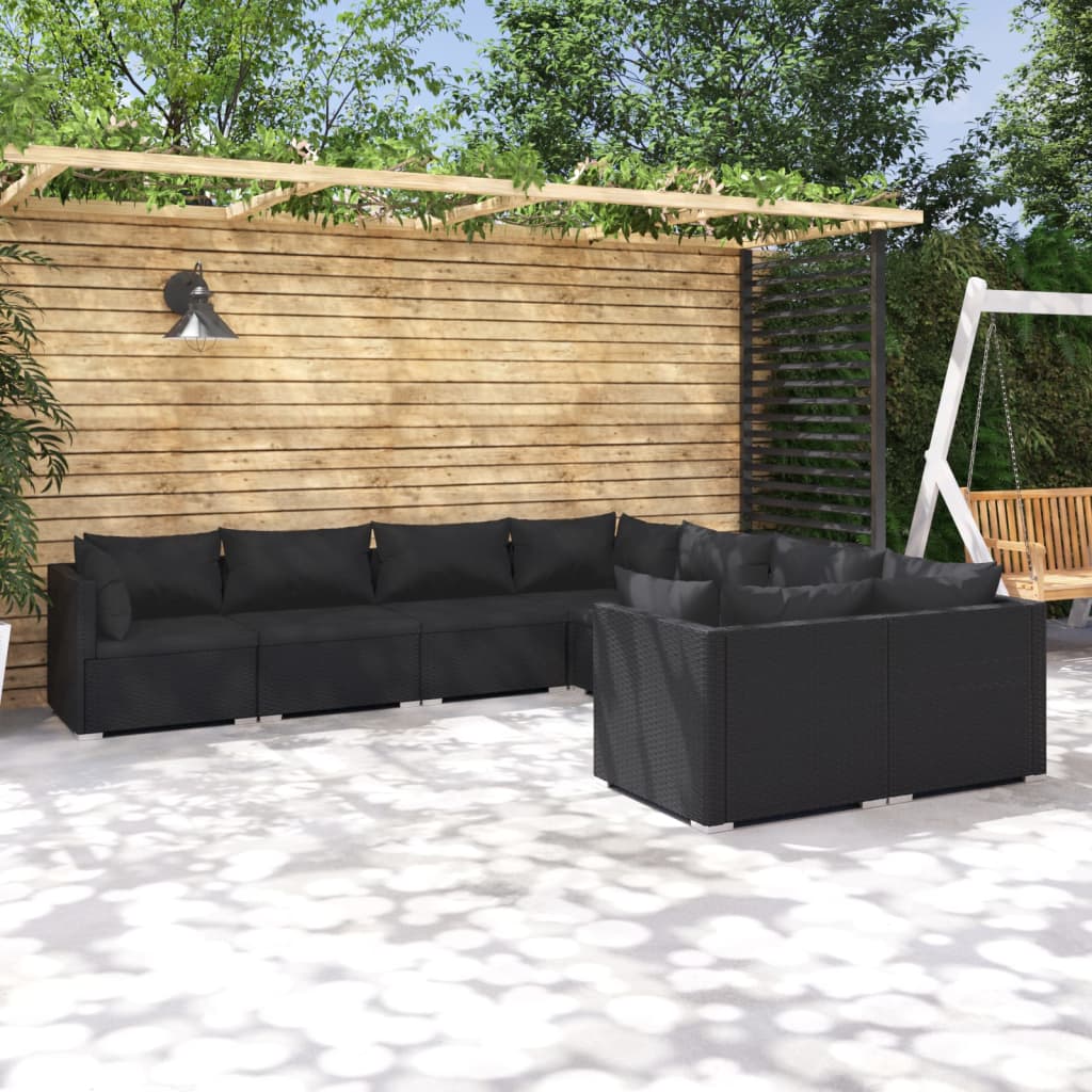 Set Divani da Giardino 8 pz con Cuscini in Polyrattan Nero