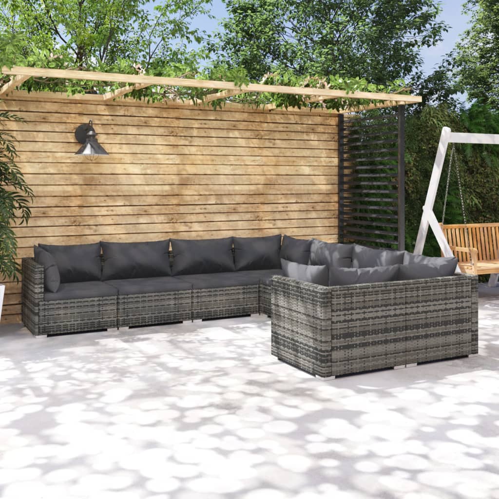 Set Divani da Giardino 8 pz con Cuscini in Polyrattan Grigio