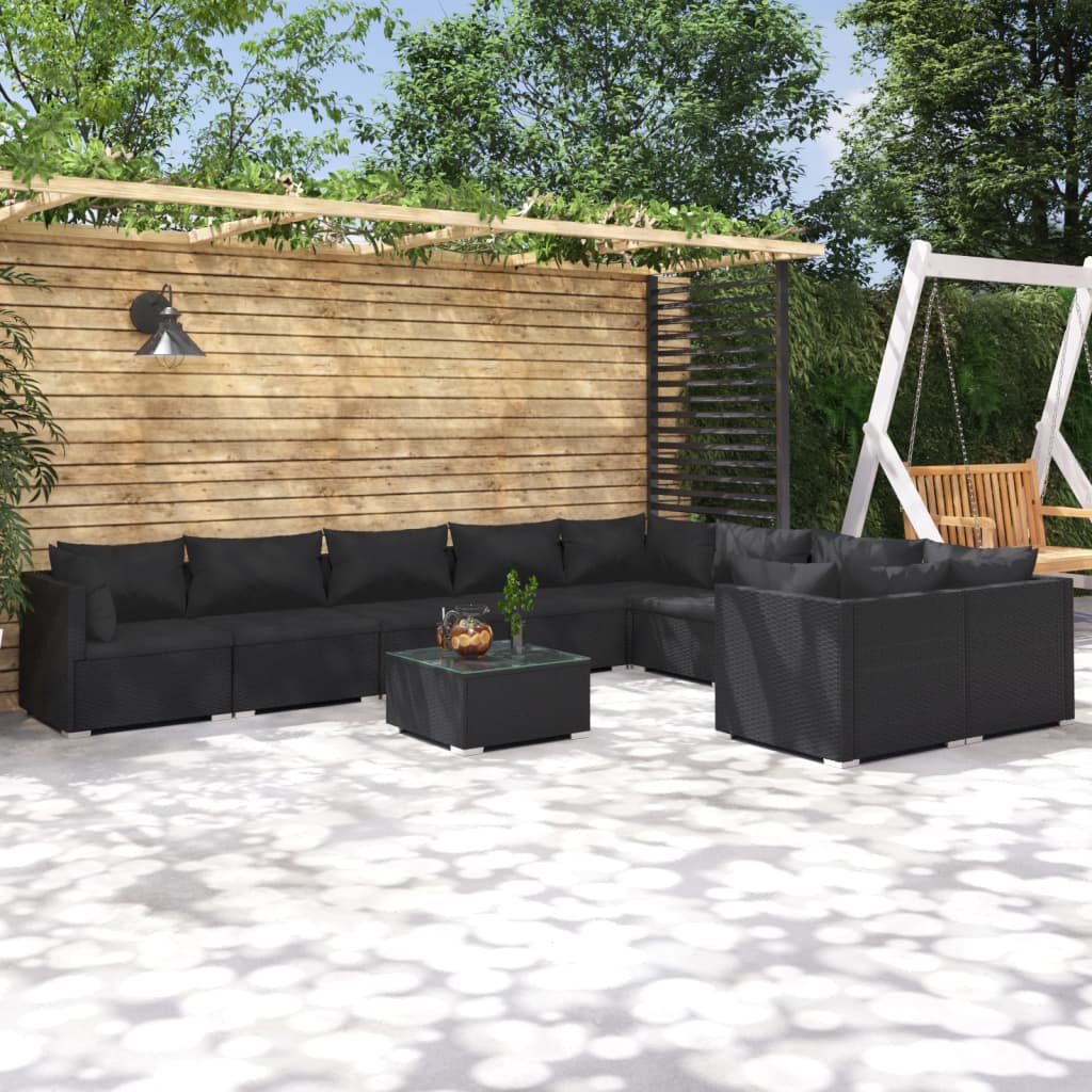 Set Divani da Giardino 10 pz con Cuscini in Polyrattan Nero