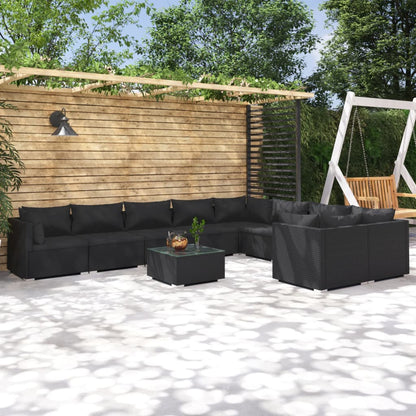 Set Divani da Giardino 10 pz con Cuscini in Polyrattan Nero