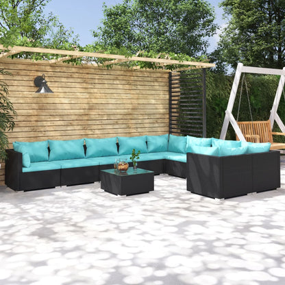 Set Divani da Giardino 10 pz con Cuscini in Polyrattan Nero