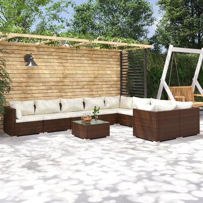 Set Divani da Giardino 10 pz con Cuscini in Polyrattan Marrone