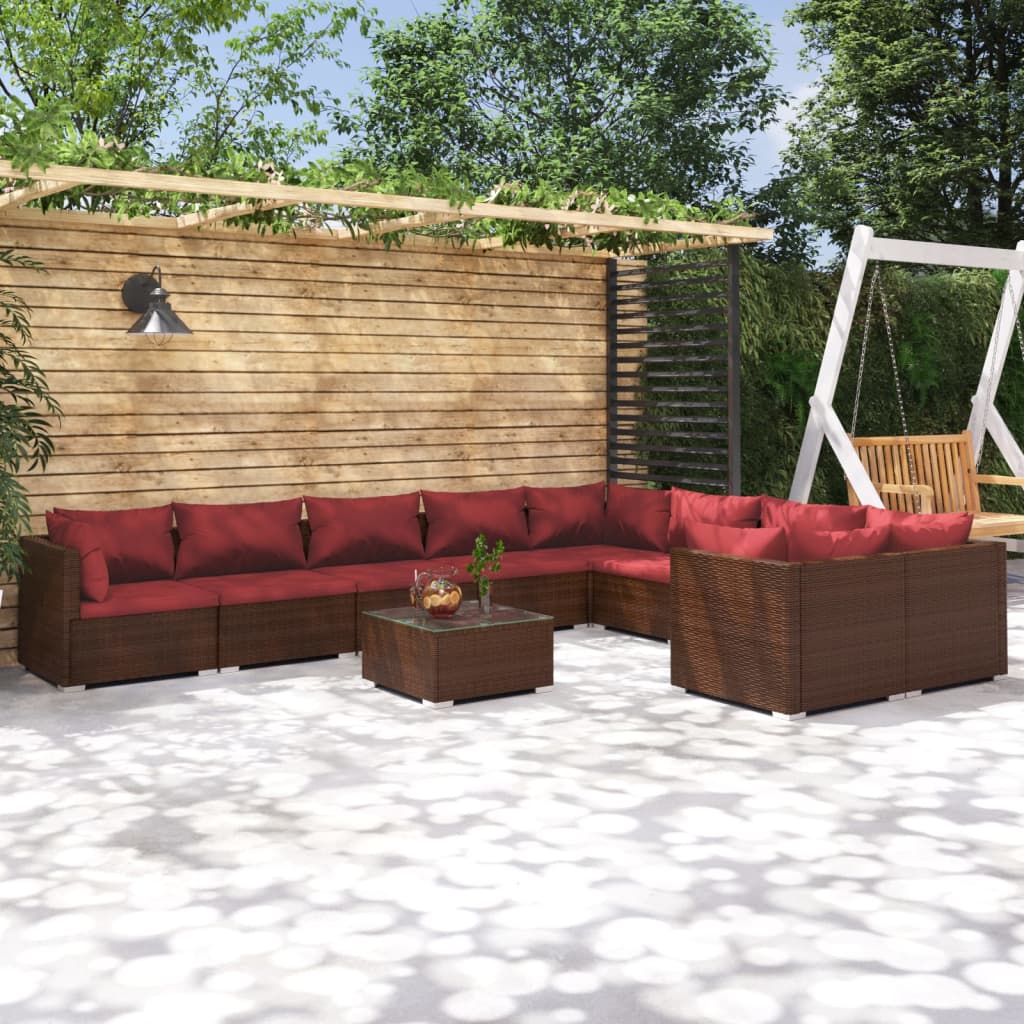 Set Divani da Giardino 10 pz con Cuscini in Polyrattan Marrone